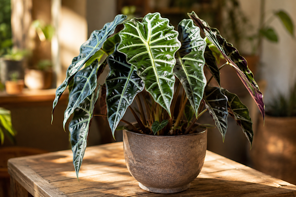 Alocasia cultivada dentro de casa em vaso de cerâmica com folhas verdes grandes e nervuras marcantes.