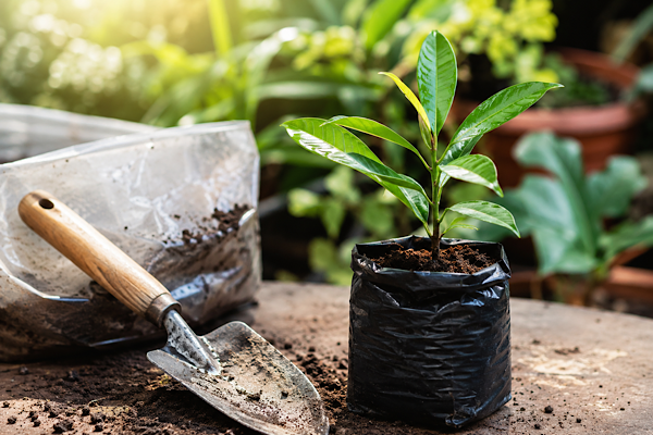 Muda saudável em saco de viveiro ao lado de uma pá de jardinagem, pronta para o plantio em vaso ou jardim.