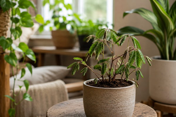 Sensitiva (Mimosa pudica) cultivada em vaso dentro de casa, conhecida por reagir ao toque e a estímulos físicos.