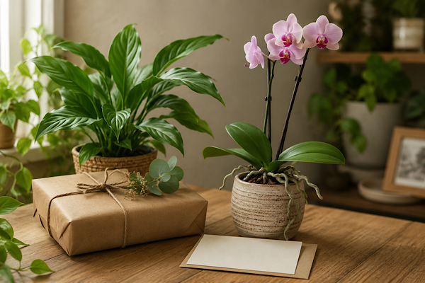 Caixa de presente ao lado de plantas ornamentais em vasos, representando o significado de presentear com plantas.