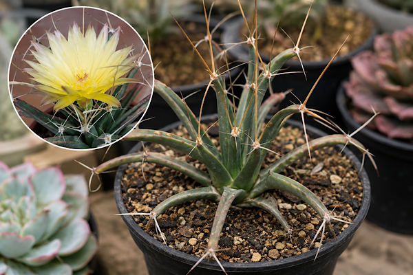 Leuchtenbergia principis cultivada em vaso, com longos tubérculos verde-acinzentados e espinhos finos, destacando uma grande flor amarela no topo em ambiente de estufa.