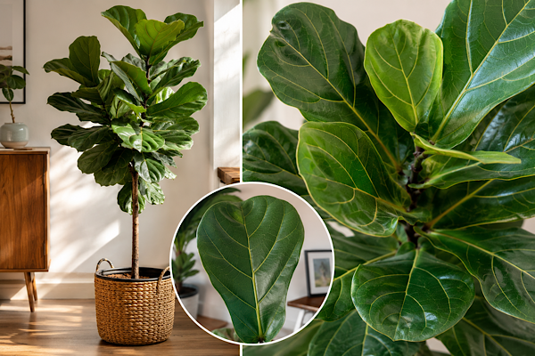 Ficus lyrata saudável cultivada em ambiente interno, com folhas grandes, brilhantes e bem desenvolvidas, ideal para decoração de salas e outros ambientes residenciais.