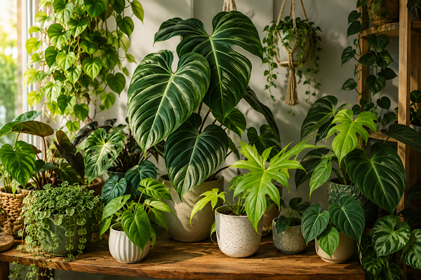 Coleção de diferentes espécies de filodendros cultivadas em ambiente interno bem iluminado, destacando a diversidade de formas e tamanhos das folhas.
