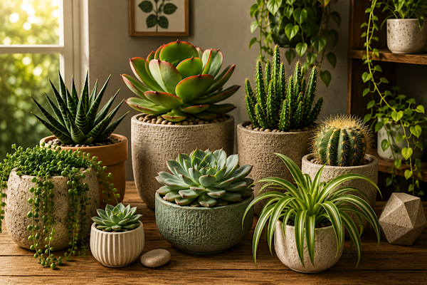 Coleção de plantas ornamentais cultivadas em vasos em ambiente interno, representando diferentes espécies com níveis variados de resistência durante períodos sem rega.