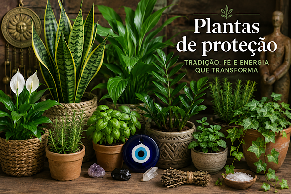 Arranjo com plantas tradicionalmente associadas à proteção, como espada-de-são-jorge, lírio-da-paz e zamioculca, cultivadas em ambiente interno acolhedor.