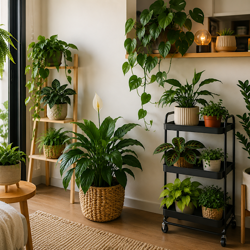 Apartamento alugado decorado com plantas de interior em vasos e suportes móveis, criando um cantinho verde sem furos ou reformas.