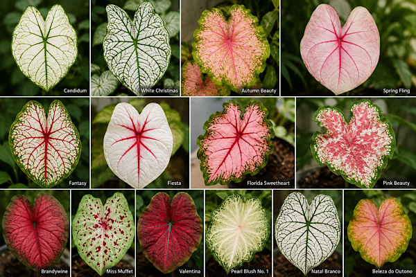 Guia com diferentes variedades de caladiums cultivadas em vasos e jardins tropicais.