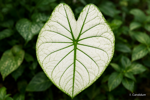 Folha do Caladium Candidum com lâmina branca, nervuras verdes marcantes e formato em coração.