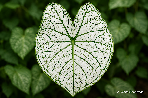 Folha do Caladium White Christmas com fundo branco e delicadas nervuras verdes em destaque.
