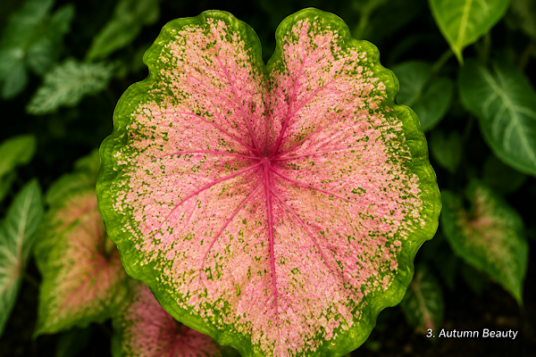 Folha do Caladium Autumn Beauty com tons rosados, verdes e aparência delicada.