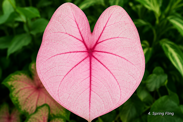 Folha do Caladium Spring Fling em tom rosa-claro com nervuras rosadas bem definidas.