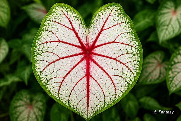 Folha do Caladium Fantasy branca com nervuras vermelhas e bordas verdes.