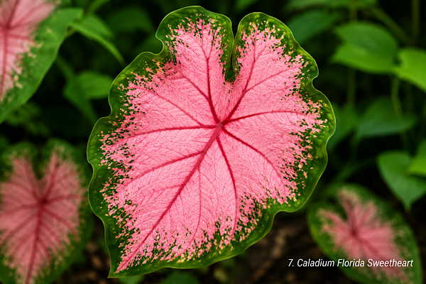 Folha do Caladium Florida Sweetheart em tons de rosa com bordas verdes.