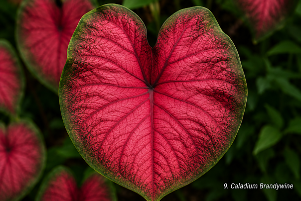 Folha do Caladium Brandywine em vermelho intenso com nervuras escuras.