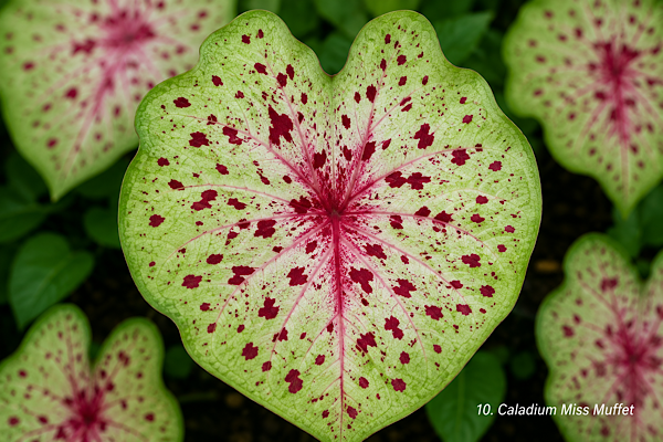 Folha do Caladium Miss Muffet verde-clara com pintas vermelhas espalhadas.