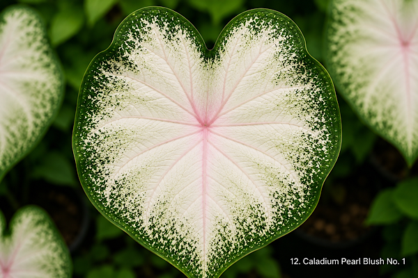 Folha do Caladium Pearl Blush No. 1 branca com delicado tom rosado e bordas verdes.