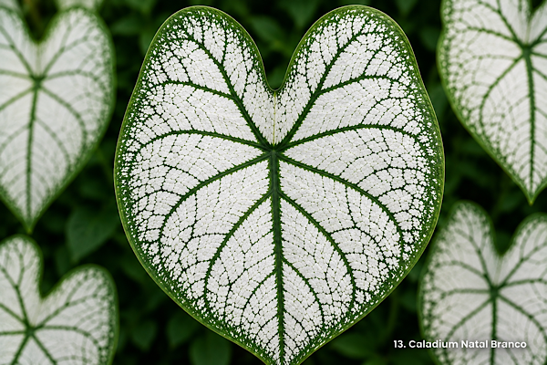 Folha do Caladium Natal Branco predominantemente branca com nervuras verdes bem definidas.