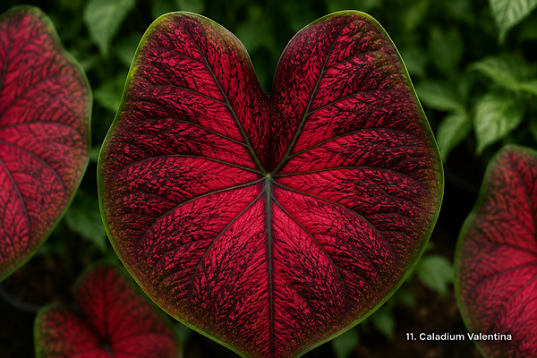 Folha do Caladium Valentina em vermelho profundo com nervuras destacadas.