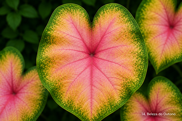 Folha do Caladium Beleza do Outono em tons de rosa, dourado e verde.