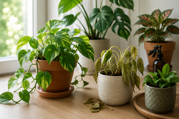Planta de interior em processo de aclimatação após mudança de ambiente.