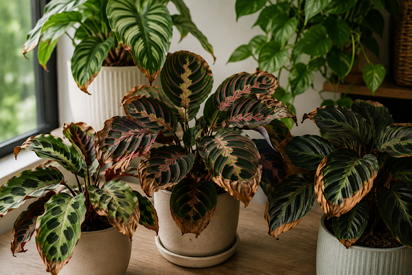 Marantas e Calatheas cultivadas em ambiente interno com pontas das folhas secas e queimadas, ilustrando um dos problemas mais comuns dessas plantas.