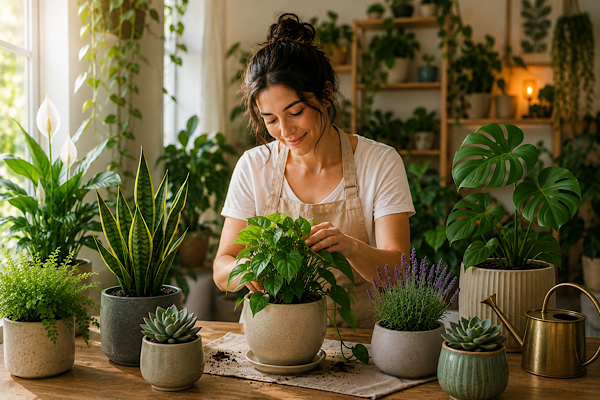 Pessoa cuidando de plantas de interior em um ambiente iluminado, cercada por diferentes espécies ornamentais que transmitem sensação de bem-estar e conexão com a natureza.