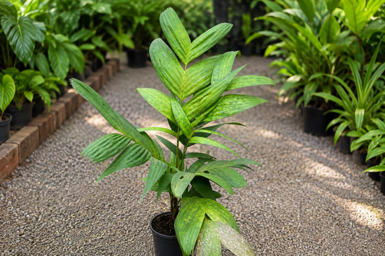 Palmeira Pinanga em vaso com folhas verdes tropicais para cultivo em ambientes internos