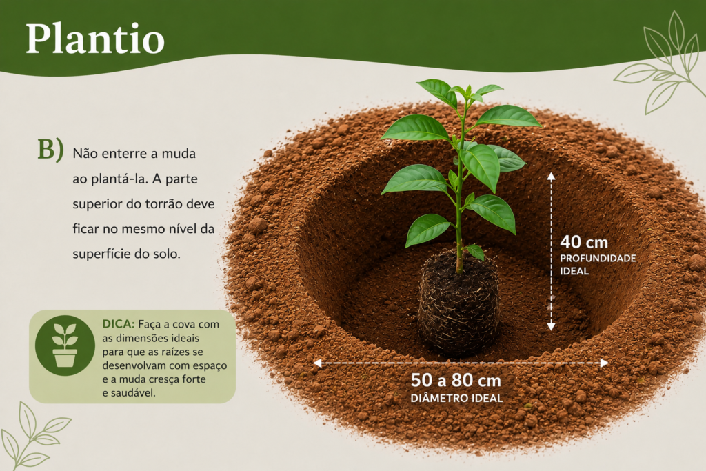 Muda frutífera posicionada na altura correta dentro da cova, mantendo o topo do torrão no nível do solo para favorecer o enraizamento saudável.