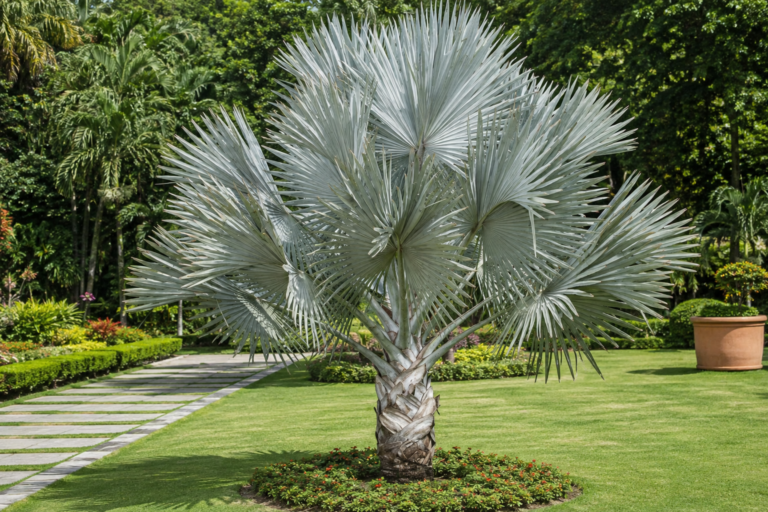 Palmeira Azul Bismarckia nobilis adulta com grandes folhas prateadas em jardim tropical