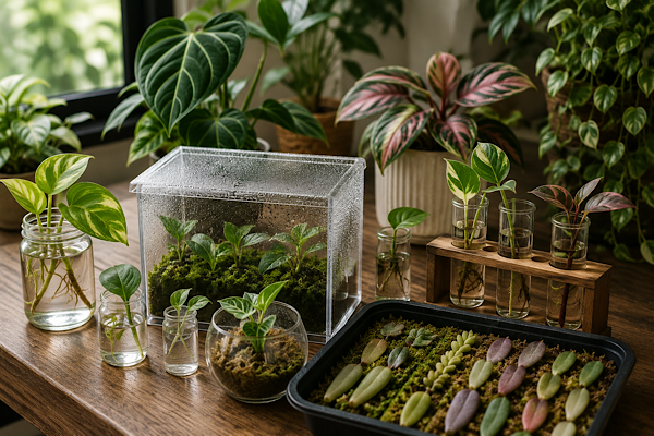 Estação de propagação de plantas raras com estacas em enraizamento, miniestufa e mudas cultivadas em ambiente interno.