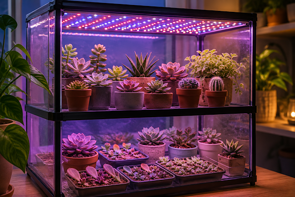 Estufa caseira equipada com iluminação de LED para cultivo de suculentas, cactos e plantas ornamentais em ambiente interno com luz controlada.