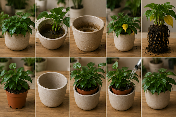 Cachepô decorativo sem furo de drenagem sendo utilizado corretamente com um vaso plástico interno, garantindo a saúde da planta e evitando o acúmulo de água.