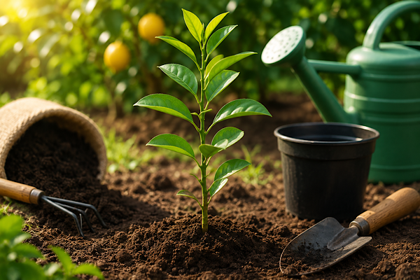 Muda frutífera cítrica sendo plantada em solo preparado com ferramentas de jardinagem ao redor.