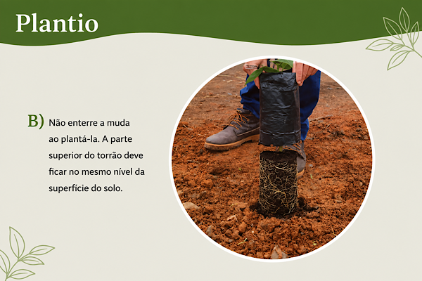 Remoção do recipiente plástico da muda frutífera preservando o torrão e as raízes antes do plantio definitivo.
