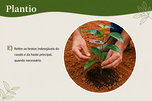 Muda frutífera recém-plantada com o solo acomodado ao redor do torrão e remoção dos brotos do porta-enxerto para garantir um crescimento saudável.