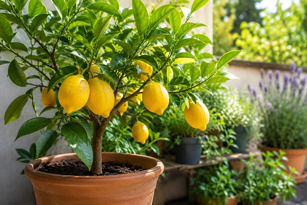 Limoeiro Siciliano carregado de frutos maduros cultivado em vaso, com folhas verdes brilhantes e ambiente ensolarado ao fundo.
