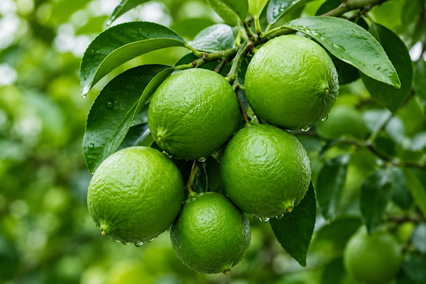 Limão Taiti em destaque no galho, com casca verde brilhante e folhas saudáveis em pomar.