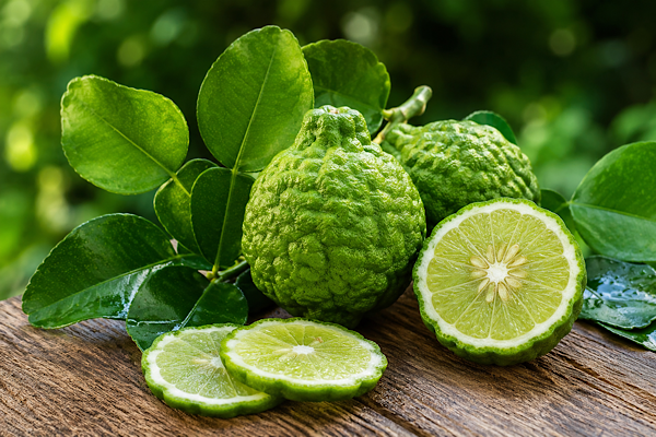 Limão kaffir com casca rugosa e folhas aromáticas, exibindo frutos inteiros e cortados sobre mesa de madeira.