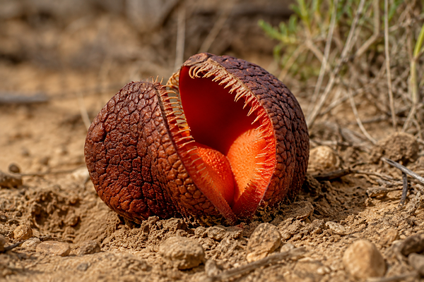 Hydnora africana emergindo do solo arenoso, com flor aberta em tom vermelho-alaranjado e textura rugosa.