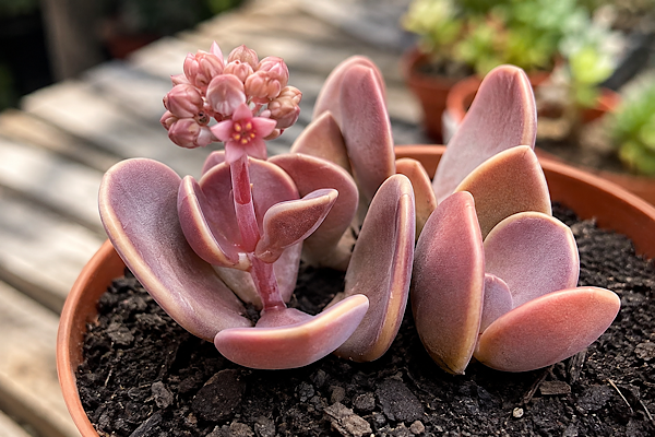 Lenophyllum latum com folhas suculentas em tons rosados e avermelhados cultivado em vaso.