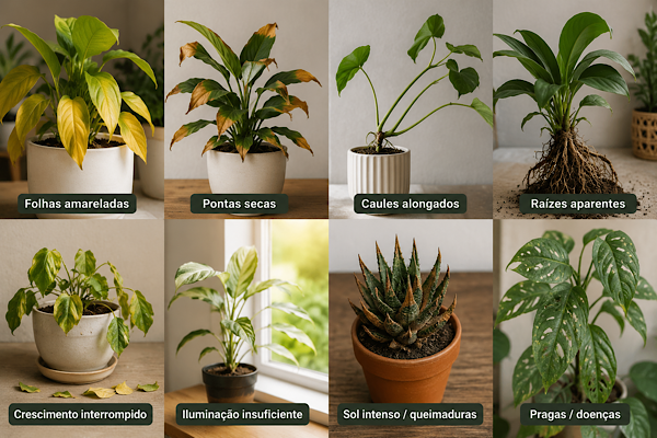 Guia visual com plantas apresentando folhas amareladas, pontas secas, caules alongados, raízes aparentes, queimaduras e sinais de pragas