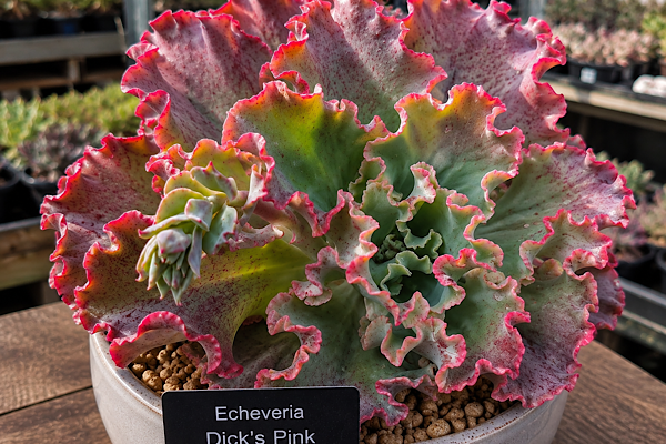 cheveria gibbiflora Dick’s Pink com folhas onduladas e margens rosadas