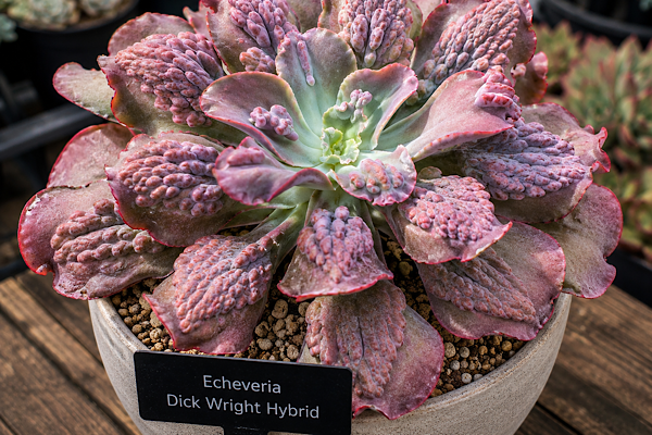 Echeveria híbrida de Dick Wright com folhas carunculadas e tons rosados