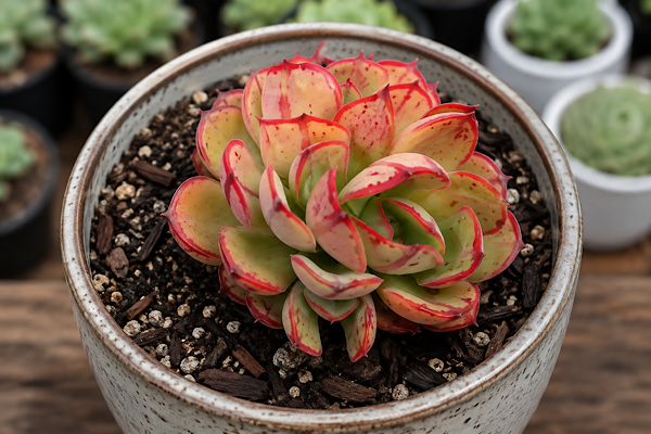 Echeveria rauber com folhas verde-amareladas e bordas vermelhas intensas