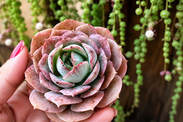 Echeveria Glória com roseta verde-azulada e folhas em tons rosados