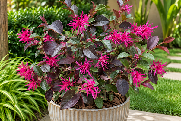 Loropetalum Velvet com folhas bordô-arroxeadas e flores rosa intensas em formato de fita