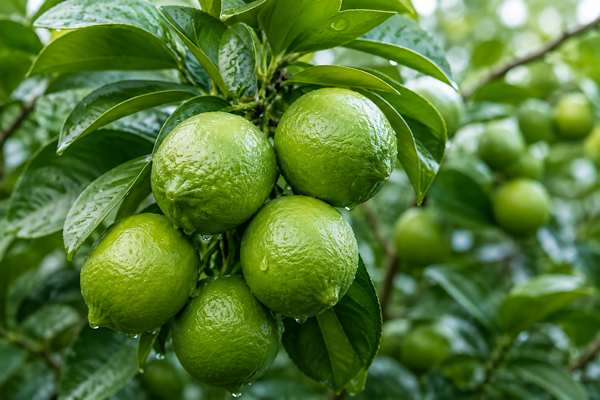 Limão Taiti verde no pé com frutos e folhas