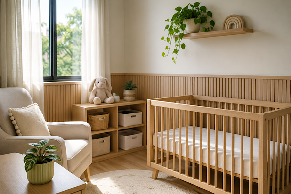 Quarto de bebê claro e acolhedor decorado com plantas em locais seguros