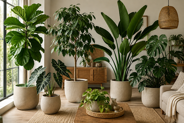 Plantas gigantes dentro de casa decorando sala ampla com luz natural