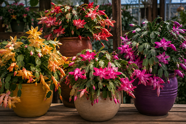 Flores-de-maio em vasos com florações amarelas, rosas e vermelhas